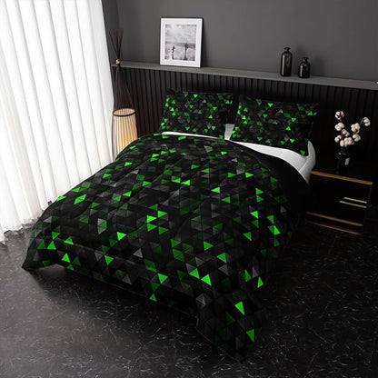 Geometric Green Black Comforter Set,Triangle Honeycomb 3 PCS Bedding Set Queen Size for Teen Adult,Modern Quilt Set Geometry Decor,Microfiber Lightweight 1 Comforter 2 Pillowcases