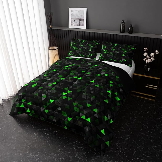 Geometric Green Black Comforter Set,Triangle Honeycomb 3 PCS Bedding Set Full Size for Teen Adult,Modern Quilt Set Geometry Decor,Microfiber Lightweight 1 Comforter 2 Pillowcases