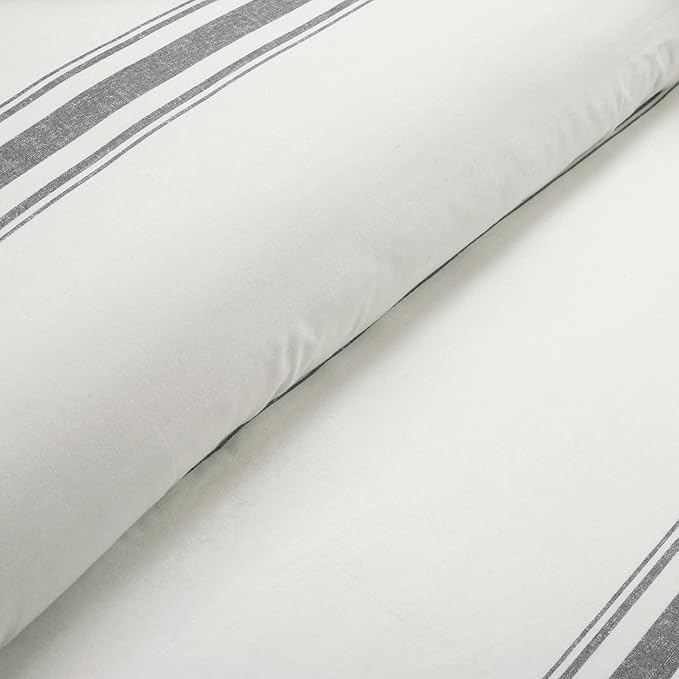 Lush Decor Farmhouse Stripe Reversible Cotton Comforter Set, 3 Piece Set, Full/ Queen, Dark Gray - Cozy Farmhouse Bedding Set - Rustic Decor - Striped Comforter - Modern Farmhouse Bedroom Decor