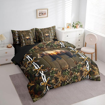 Cabin Bed in a Bag Queen Comforter Set 7 Piece | Botanical Leaves Bear Bedding Sets Mens Camouflage Comforter and Sheet Set, Woodland Animals Country Bed Sets,Hunting Rustic Farmhouse Decor