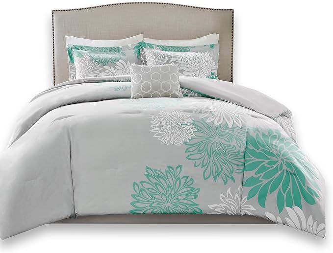 Comfort Spaces Enya Comforter Set-Modern Floral Design All Season Down Alternative Bedding, Matching Shams, Bedskirt, Decorative Pillows, Queen(90"x90"), Aqua
