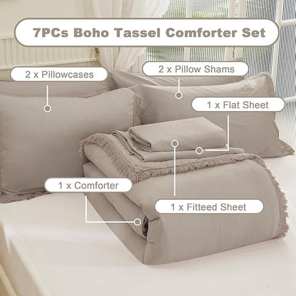 Andency Oversized King Comforter Set with Sheets 120x120 Wheat - 7 Pieces Boho Tassel Bed in a Bag Soft Lightweight Bedding Sets, Fringe Bed Set with Comforter, Sheets, Pillowcases & Shams