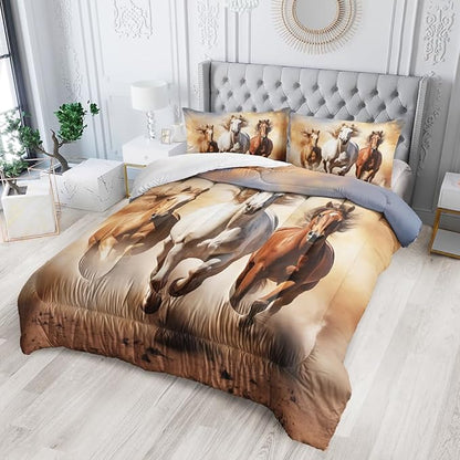 Kid Galloping Horse Comforter Set Twin Animal Theme Handsome Horse Bedding Set Wild Animal Grey Sky Sand Decor Quilt Bed Set for Boys Girls Adult, 1 Comforter + 2 Pillowcases