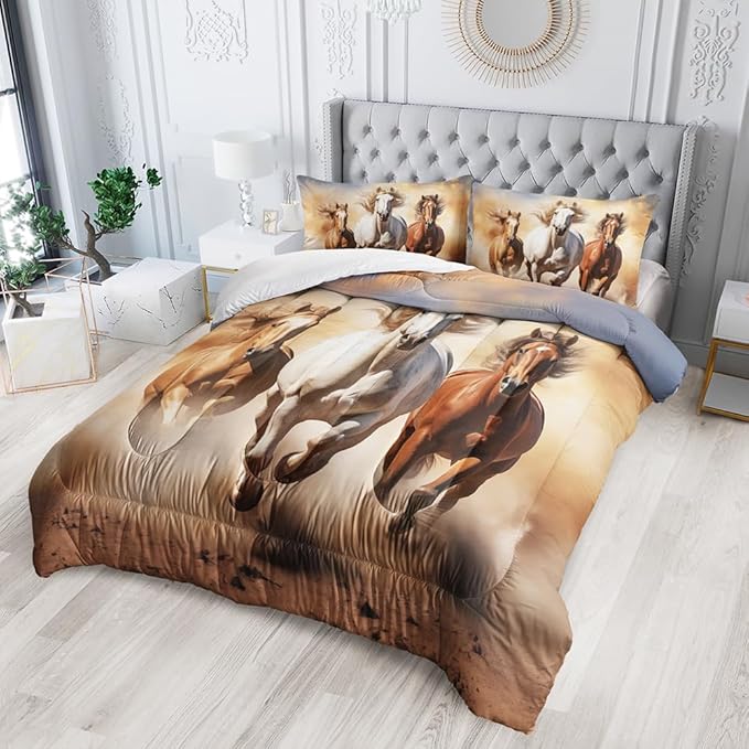 Kid Galloping Horse Comforter Set Queen Animal Theme Handsome Horse Bedding Set Wild Animal Grey Sky Sand Decor Quilt Bed Set for Boys Girls Adult, 1 Comforter + 2 Pillowcases