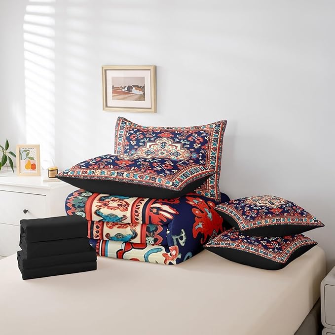 Oriental Comforter Set Vintage Bedding Comforter Sets 7 Pieces Red Blue Art Deco Bed in a Bag Boho Mandala Full Bedding Sets Aesthetic Hippie Bedding Sets & Collections for Kids Toddler Bedroom Decor