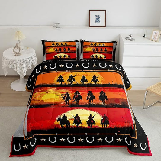 Feelyou Orange Western Decor Comforter Twin Size Wild Western Cowboy Comforter Set for Boys Girls Children Horse Setting Sun Patchwork Bedding Set Room Decor Horseshoes West Texas Star Duvet Set 2Pcs