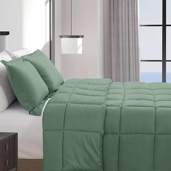 Elegant Comfort 3-Piece Box Stitched Down Alternative Comforter with Shams - Ultra Soft for All Season Duvet Insert with Corner Tabs, Plush Cozy 3PC Comforter Set, Twin XL, Smoke Green
