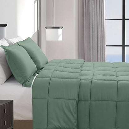 Elegant Comfort 3-Piece Box Stitched Down Alternative Comforter with Shams - Ultra Soft for All Season Duvet Insert with Corner Tabs, Plush Cozy 3PC Comforter Set, Twin, Smoke Green