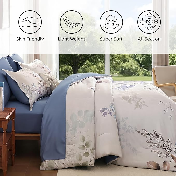 Xruibed Beige Comforter Set Queen Size 7 Pieces Bed in a Bag, Botanical Floral Print Bed Sets, Flower Comforter with Sheet Set, Soft Microfiber Neutral Bedding Set for All Season (Beige, 90"x90")