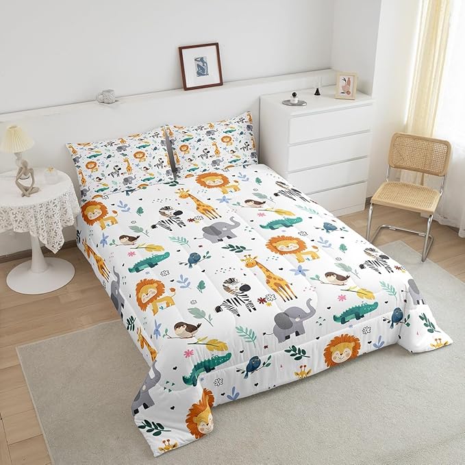 Erosebridal Full Size Zoo Animal Comforter Set, Giraffe Lion Elephant Bedding Set, Cute Wild Animals Down Comforter for Kids Teens Boys Girls Bedroom, Cartoon Safari Wildlife Quilt,Lightweight