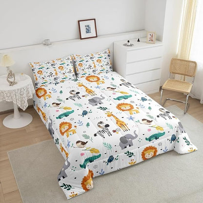 Erosebridal Full Size Zoo Animal Comforter Set, Giraffe Lion Elephant Bedding Set, Cute Wild Animals Down Comforter for Kids Teens Boys Girls Bedroom, Cartoon Safari Wildlife Quilt,Lightweight