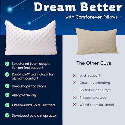 Cooling Side Sleeper Pillow for Neck and Shoulder Pain, Luxury Shredded Memory Foam Curved Bed Pillows for Sleeping Set of 1- Adjustable King Size- Washable Cover Crescent White