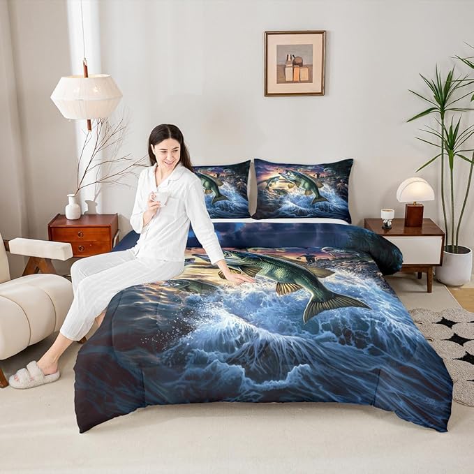 Erosebridal Bass Fishing King Bedding Set - Pike Fish Fisherman Comforter Set for Boys Kids Teen | Lake House Theme Quilt | Rustic Farmhouse Cabin Bedroom Decor with 2 Pillowcases