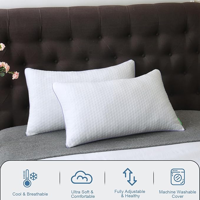 Favorland Cooling Bed Pillows Queen Size Set of 2 - Shredded Memory Foam Pillows for Sleeping 2 Pack - Gel Pillow Adjustable Firm Pillow Soft Pillows for Side Back Stomach Sleepers
