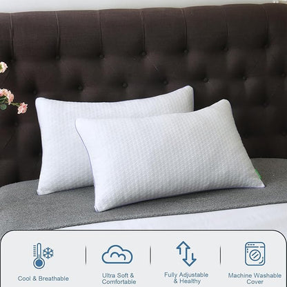 Favorland Cooling Bed Pillows Standard Size Set of 2 - Shredded Memory Foam Pillows for Sleeping 2 Pack - Gel Pillow Adjustable Firm Pillow Soft Pillows for Side Back Stomach Sleepers