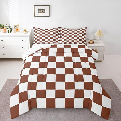 Feelyou Checkered Bedding Set Teen Women Men Coffee Brown White Plaid Comforter Set Twin Size Kids Boys Girls Cute Retro Neutral Checkerboard Geometric Duvet Insert Vintage Aesthetic Room Decor