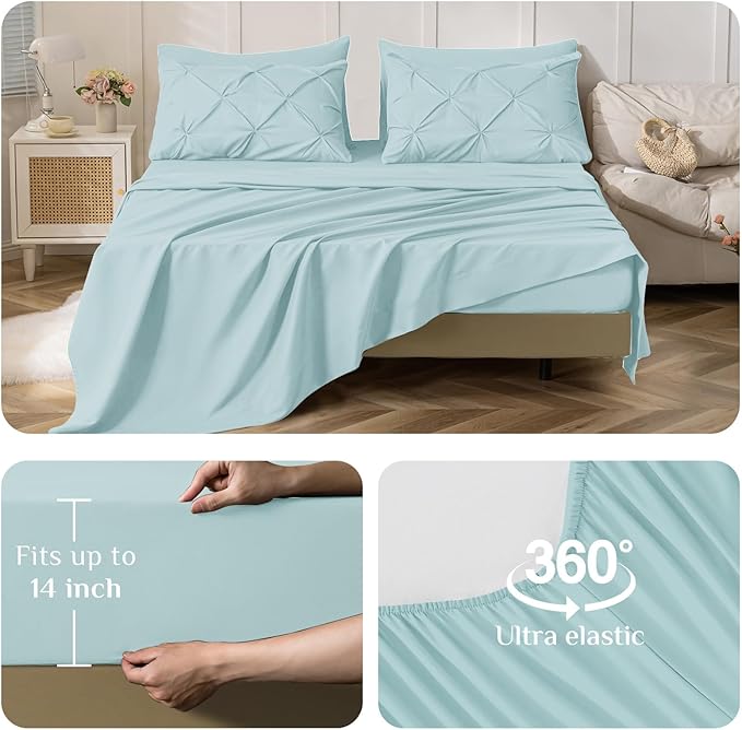 JOLLYVOGUE Queen Comforter Set 7 Pieces - Bed in a Bag Queen for All Season, Pintuck Bedding Comforter Sets with Comforter, Flat Sheet, Fitted Sheet and Pillowcases & Shams, Light Blue