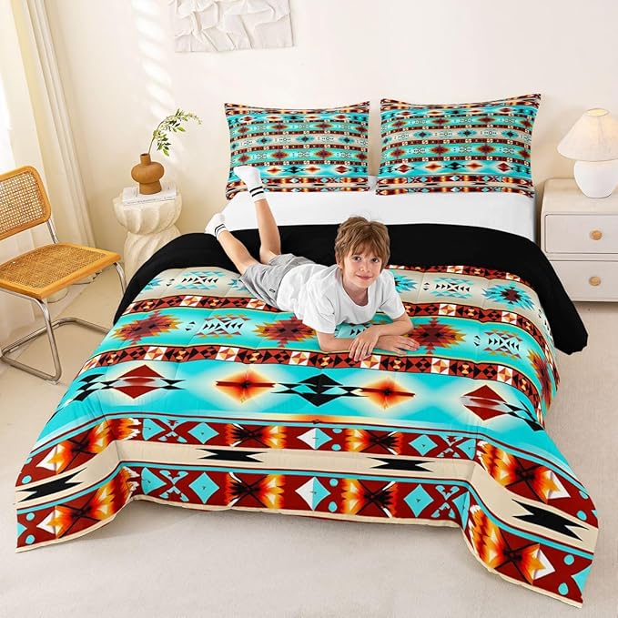 Erosebridal Western Decor,Vintage Exotic Indian Geometric Bedding Set Boho Western Comforter Set King,Ethnic Tribal Arrow Quilt Aztec Duvet Insert,Rustic Home Decor Rustic Farmhouse Bedroom Teal Red