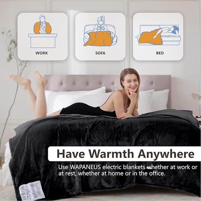 Wapaneus Heated Blanket Electric Queen Size 84"x90"-Dual Control with 10 Heat Levels 12 Timer Settings and 8 Hours Auto-Shut Off,Fast-Heating Electric Blanket,ETL Listed Machine Washable,Black