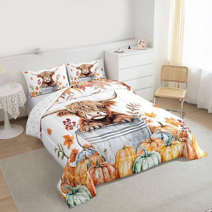 Highland Cow Bedding Set Toddler Size Cute Farm Animals Rustic Comforter Set for Kids Teens Bedroom Decor Fall Maple Leaf Pumpkin Soft Polyester Quilt Duvet Orange Duvet Insert,1 Pillowcase