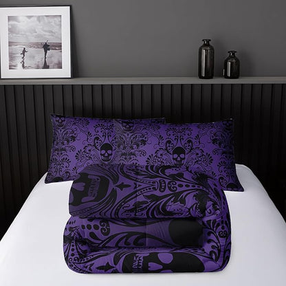 Adults Violet Gothic Comforter Set Queen Size,Vintage Damask Floral Bedding Set 3Pcs,Bohemia Bedding Set Goth Skull Printed Quilted Set for Teens Adult with 1 Comforter with 2 Pillowcase