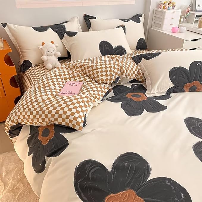 Houseri Black Floral Comforter Set Twin Beige 3D Floral Bedding Comforter Sets Twin Size for Toddler Girls Kawaii Flowers Comforter Cute Relief Print Bedding Beige White Flower Bedding Set Twin