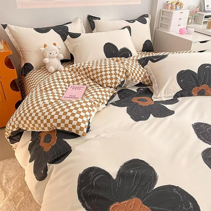 Houseri Black Sunflower Comforter Set King Beige White 3D Floral Bedding King Size Comforters Sets for Women Girls Elegant Beige and Brown Plaid Comforter King Vintage Grand Flowers Bed Quilts King