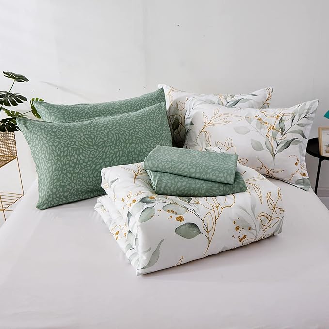WONGS BEDDING Botanical Comforter Set Full, 7 Pieces Floral Reversible Bed in a Bag Green Leaves Bedding Set Soft Microfiber Full (1 Comforter,2 Pillowcase,2 Pillow Shams,1 Flat Sheet,1 Fitted Sheet)