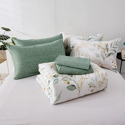 WONGS BEDDING Botanical Comforter Set Full, 7 Pieces Floral Reversible Bed in a Bag Green Leaves Bedding Set Soft Microfiber Full (1 Comforter,2 Pillowcase,2 Pillow Shams,1 Flat Sheet,1 Fitted Sheet)