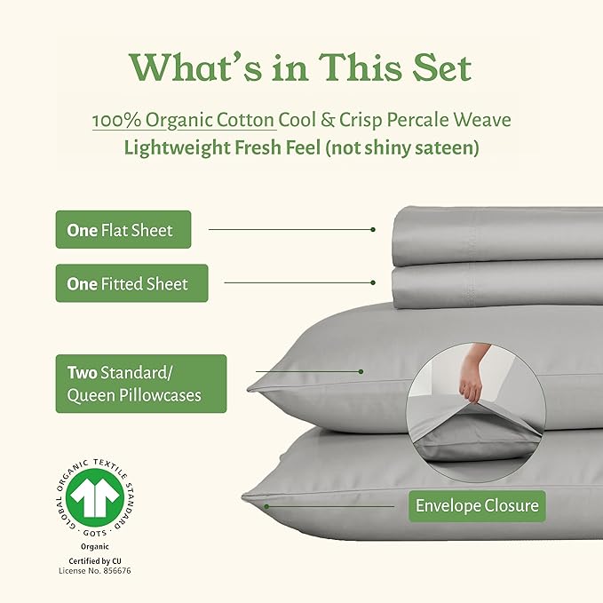 California Design Den Full Size Sheets Set - Soft 100% Organic Cotton Sheets with Deep Pockets, Crisp Percale, Breathable and Durable Bedding Set - Light Grey