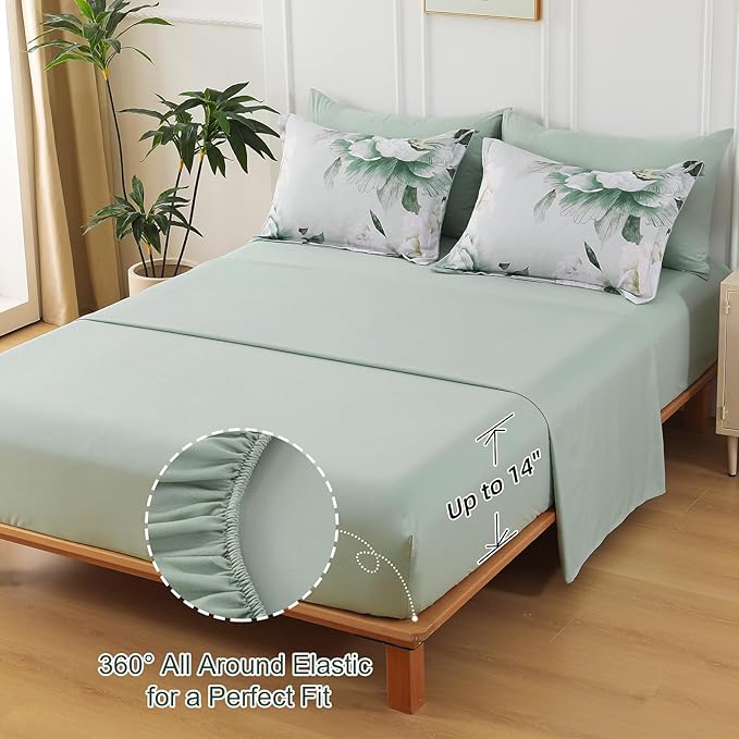 Dobuyly Floral King Size Comforter Set 7 Piece Bed in a Bag, Sage Green Reversible Comforter Set with Sheets, Soft Microfiber Botanical Flowers Summer Bedding Set for All Season