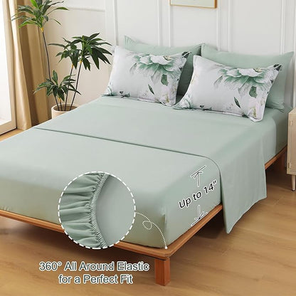 Dobuyly Floral King Size Comforter Set 7 Piece Bed in a Bag, Sage Green Reversible Comforter Set with Sheets, Soft Microfiber Botanical Flowers Summer Bedding Set for All Season