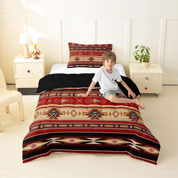 Erosebridal Aztec Bedding Set Ethnic Tribal Arrow Comforter Set,Vintage Southwestern Native Bohemian Quilt Twin,Western Star Duvet Insert Exotic Geometric Diamond Stripes Room Decor,Red and Black