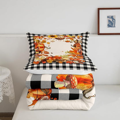 Thanksgiving Comforter Set Fall Pumpkin Mushrooms Bedding Comforter Sets King Brown Buffalo Plaid Bed Comforter Set,Autumn Harvest Season Duvet Insert,Fall Decorations For Home Bedroom 2 Pillow Cases