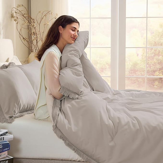 Andency King Size Comforter Set Heather Grey, 3 Pieces Boho Soft Lightweight Bedding Comforter Sets, Tassel All Season Bed Set (104x90In Comforter & 2 Pillowcases)