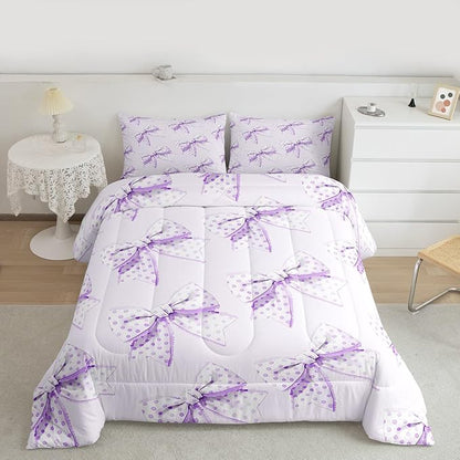 Erosebridal Cartoon Dot Bow Girls King Bedding Set Purple Princess Bowknot Comforter Set Cute Kawaii Butterfly Knot Bedding Comforter Sets for Kids Teen Women,Dreamy Coquette Bow Bed Set