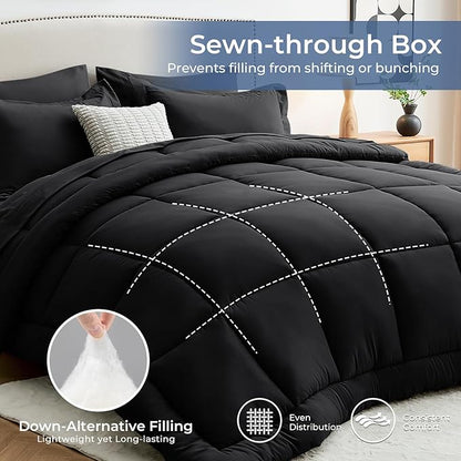 Sasttie Oversized Queen Comforter Set, 7 Pieces Extra Large Bed in a Bag, Complete Bedding Set Includes 98''x98'' Comforter, Flat Sheet, Fitted Sheet, Pillowcases and Pillow Shams, Black