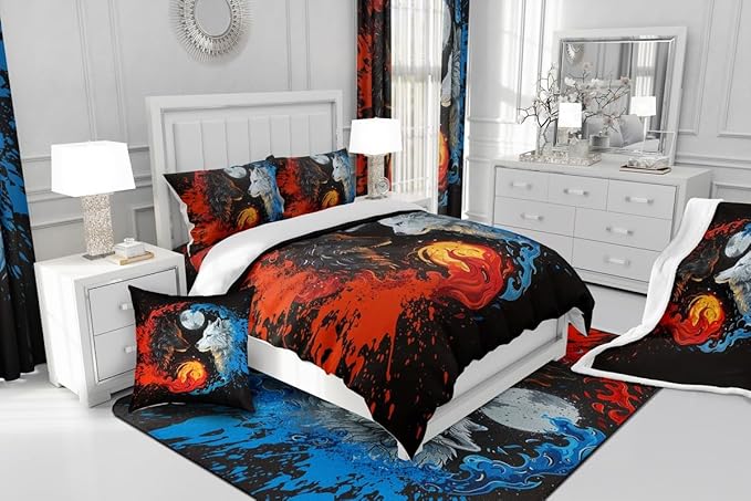 Yin Yang Bedding Comforter Sets Full,Wolf Fighting White Black Bedding Set for Bedroom Decoration,Gothic Starry Galaxy Moon with 1 Comforter and 2 Pillow Cases Bedroom Decor