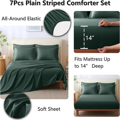 CozyLux Full Comforter Set - 7 Pieces Bed in a Bag Forest Green Comforter Set with Sheets Luxury Bed Set All Seasons, Soft Bedding Set with Down Alternative Comforter, Sheets, Pillowcases & Shams