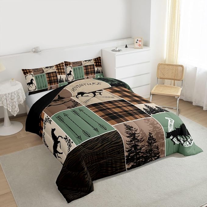 Erosebridal Horse Comforter Set Queen Size, Western Cowboy Cowgirl Bedding Set for Kids Boys Teens Bedroom, Forest Arrow Horseshoe Patchwork Duvet Insert Retro Geometric Plaid Quilt Cabin Lodge Decor