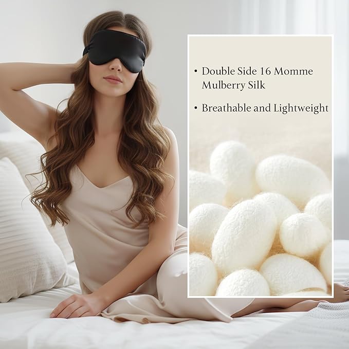 Silk Eye Mask for Sleeping 100% Mulberry Silk Women Men Blindfold,3D Luxury Travel Smooth Elastic Strap Eye Masks Breathable Cooling Soft Night Sleep Work Eyeshade Cover,Black