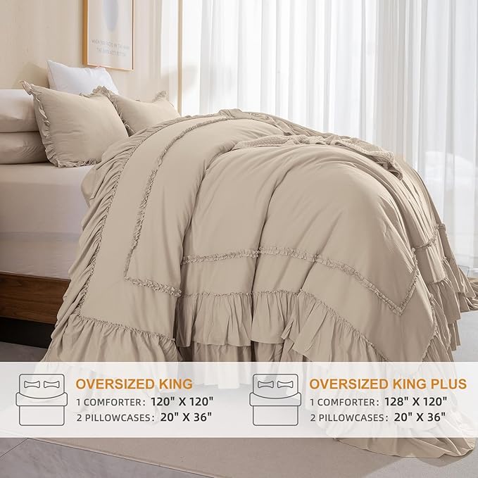 Masaca Oversized Comforter King Size 120x120,Farmhouse Shabby Boho Chic Ruffle California King Bed Comforter Set French Country Rustic Bedding 3PCS (1 Ruffled Comforter+2 Pillow Shams)