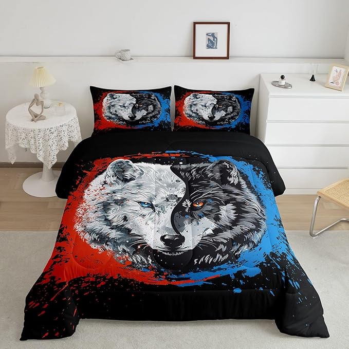 Manfei Tai Chi Wolf Comforter King,Taekwondo Safari Animals Black White Quilt Comforter with 2 Pillowcases,Traditional Chinese Paint Graffiti Red Blue Bedding Set Comfortable,Soft and Breathable