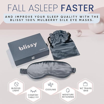 Blissy Silk Sleep Mask - Eye Sleeping Mask for Women & Men for Total Blackout - 100% Pure Mulberry Silk, 22 Momme 6a Fibers - Blindfold Sleep Mask Side Sleeper Eye Cover (Ash Blue)