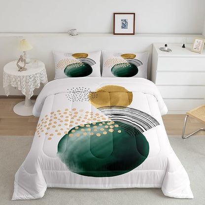 Erosebridal Abstract Artwork Comforter Twin Geometric Circle Bedding Set, Aesthetic Minimalist Down Comforter Blackish Green Turqoise Bed Set, Beige White Quilted Duvet Cozy Soft 2pcs