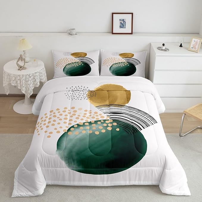 Abstract Artwork Comforter Set King Geometric Circle Bedding Set, Aesthetic Minimalist Bedding Comforter Sets Blackish Green Turqoise Duvet Sets, Beige White Quilted Comforter Cozy Soft 3pcs
