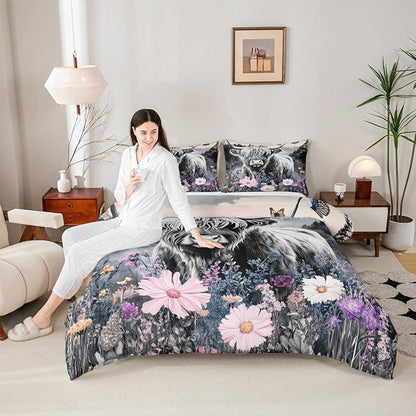 Erosebridal Highland Cow Flower Comforter Set Twin Size Bull Cattle Smoky Mountain Bedding Set Western Funny Animal Down Comforter Wildlife Farmhouse Cow Quilted Duvet Grey Pineforest Bedroom Decor