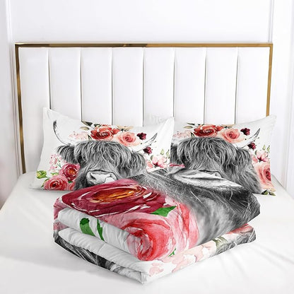 Highland Cow Comforter Sets Queen，Bedding Sets for Kids,Wildlife Farmhouse Flower Cow Comforter Sets All Season 1 Comforter and 2 Pillowcases