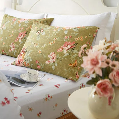 mixinni Floral Comforter Set Full Size Green, 3 Pieces Garden Style Botanical Flowers Leaves Comforter Set, Soft Fluffy Reversible Farmhouse Boho Comforter and 2 Pillowcases for All Season