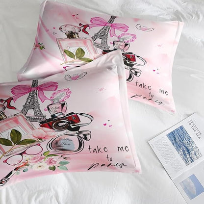 7 Pcs Comforter Set Queen Size, Paris Teen Girls Pink Bedding for Kids and Adults, Cute Makeup Perfume Bed Sheet Sets with Fitted Sheet 2 Pillowcases & 2 Shams for Bedroom Bed Decor